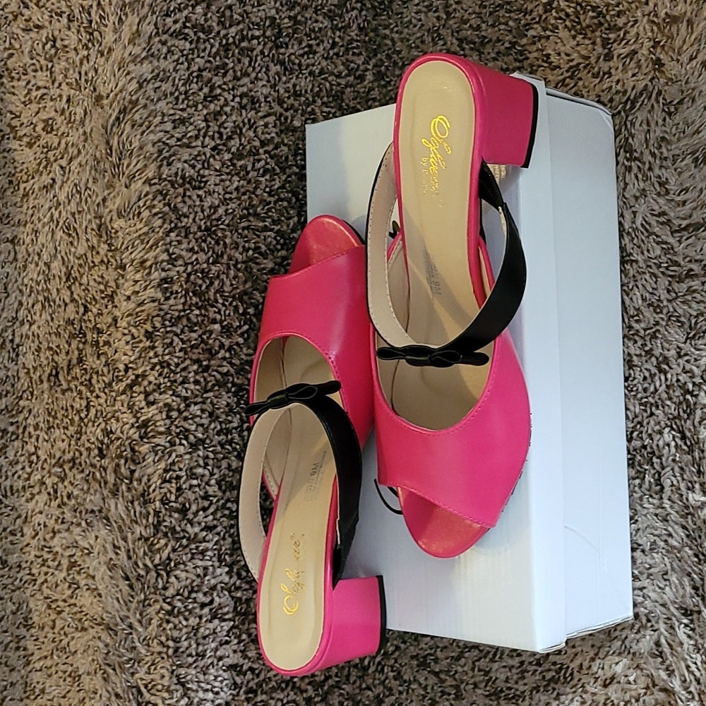Fuchsia w/width Black bow strap size 9 wide summer mules